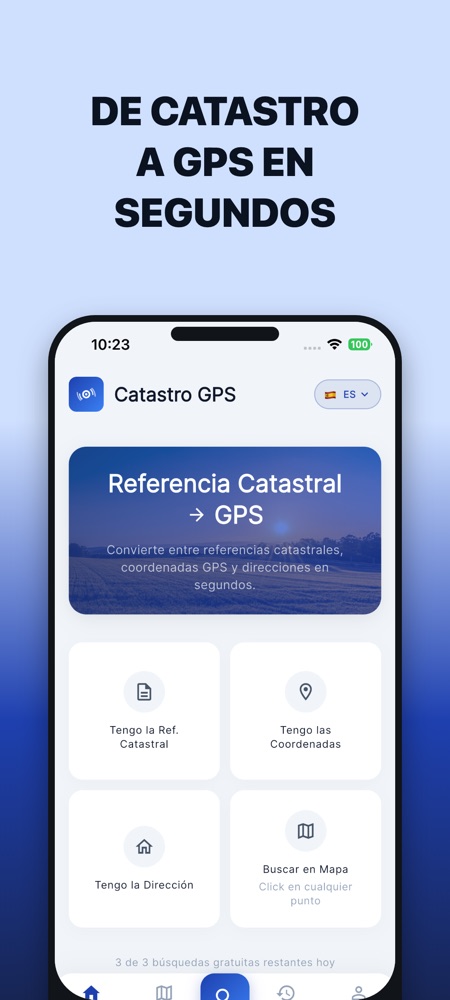 Pantalla de inicio de la app Catastro GPS: convierte referencias catastrales, coordenadas y direcciones, o busca tocando el mapa.