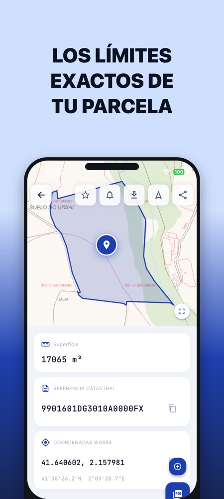Detalle de parcela en la app: polígono oficial sobre el mapa catastral, superficie, referencia catastral y coordenadas WGS84.