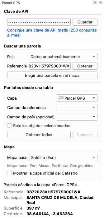 Pannello di Parcel GPS in QGIS con la chiave API, la ricerca per identificativo, l’elaborazione in blocco da tabella e la scelta della mappa di base